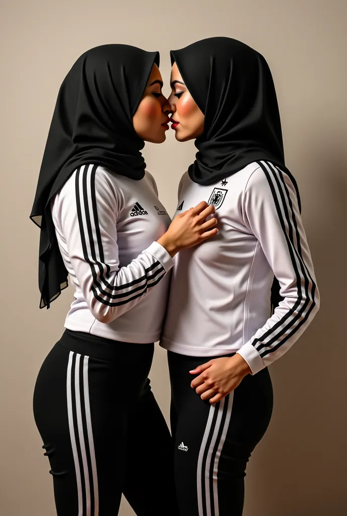 2 Malay women, adidas germany jersey ,adidas black leggings pants with three stripes,wear adidas hijab,big breasts,holding her breasts,slurring her tongue by drooling, in bedroom ,Sweaty face,Anxious face,fair skin and a shiny face,lesbian and Kiss each ot...