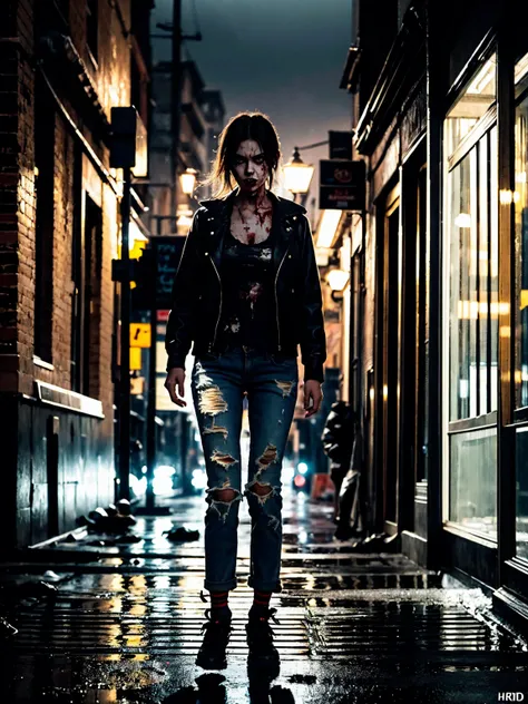 Zombie girl, Alley,Socks ,torn pants,fotorealistic,hyperdetailed,professional,hdr,physically-based rendering,sharp focus,vivid colors,bokeh,deserted street,dark atmosphere,rainy,dramatic,cinematic effect, wear oil paintings,grim,realistic