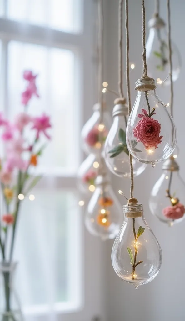 A close-up of an innovative hanging decoration, consisting of small, clear glass bulbs in the shape of traditional light bulbs, suspended by thin strings. Each bulb contains a small flower or branch, adding a natural and aesthetic touch. The bulbs hang fro...