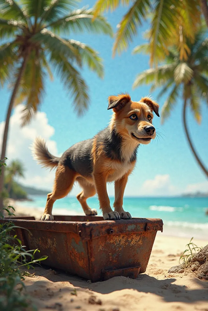 A dog in a skip against the background of an island