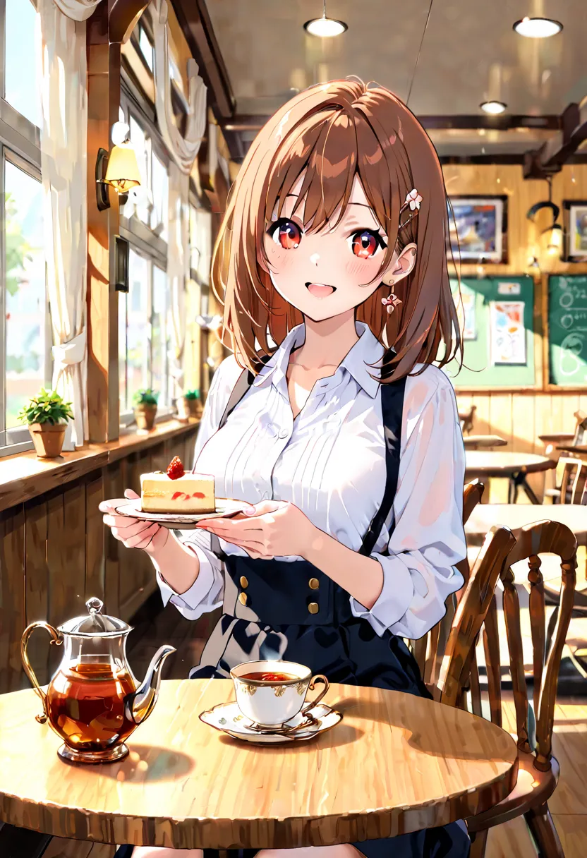 Two stylish girls are enjoying afternoon tea in the cafeteria、Enjoying tiramisu and cheesecake、