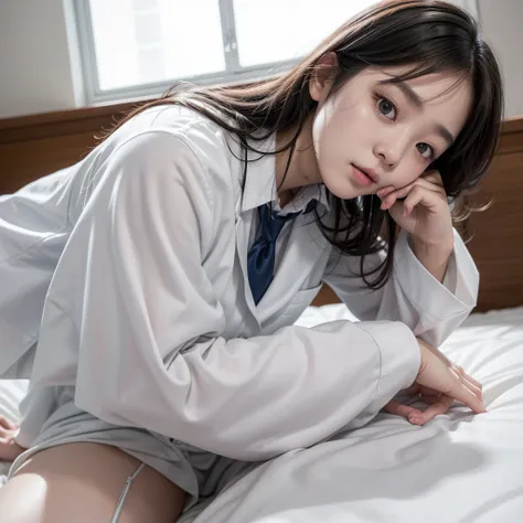 arafed asian woman in a white shirt and tie laying on a bed, korean girl, a hyperrealistic schoolgirl, hyperrealistic schoolgirl, cute schoolgirl, in white clothes, sitting on her bed, sitting on the bed, japanese model, sitting on a bed, realistic schoolg...