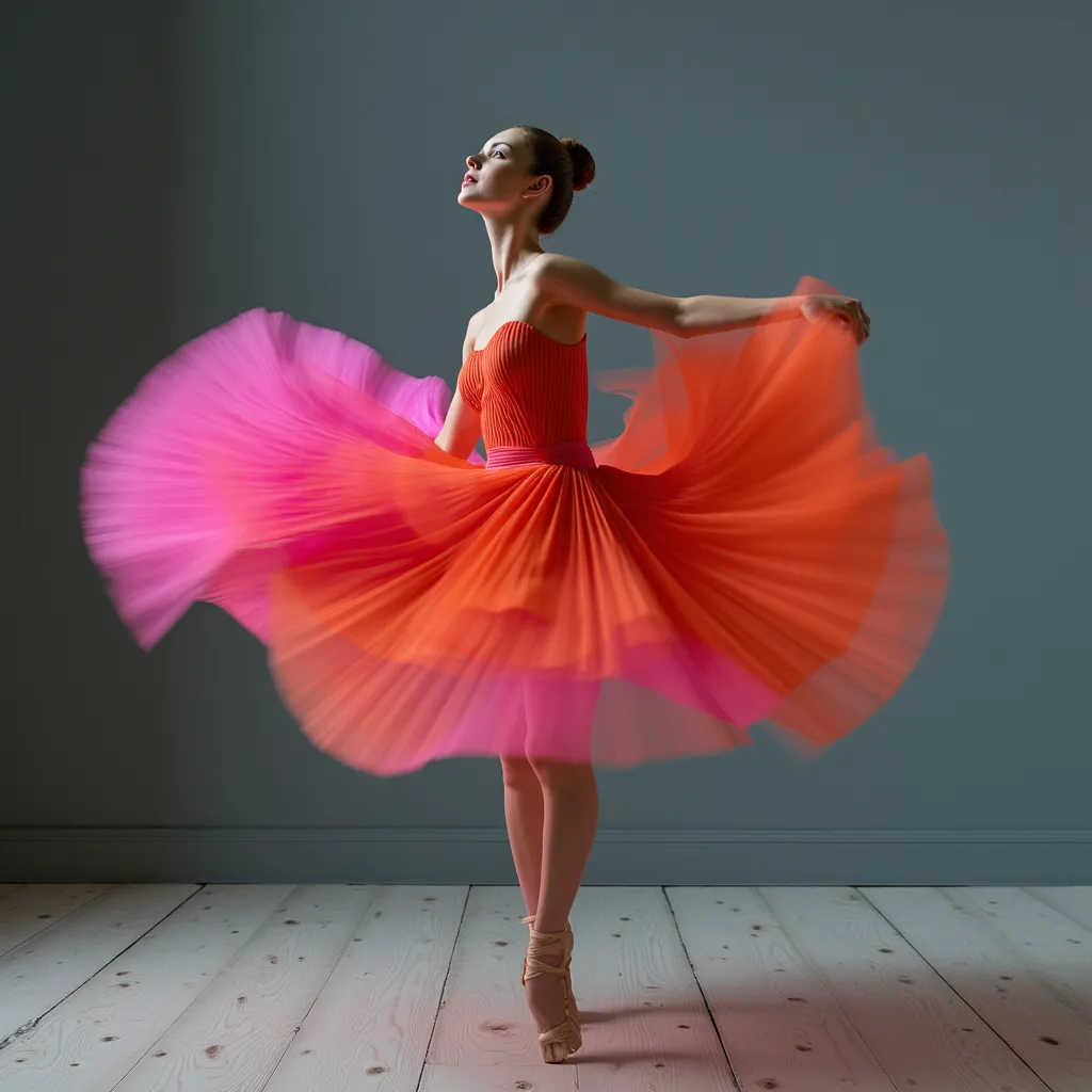 Cinematic photography, eye-level view of a graceful ballerina mid-spin, her long plissé dress blooming around her like a flower, with a vibrant gradient transitioning from hot pink to fiery orange. Her slender figure is poised with elegance, arms softly ex...