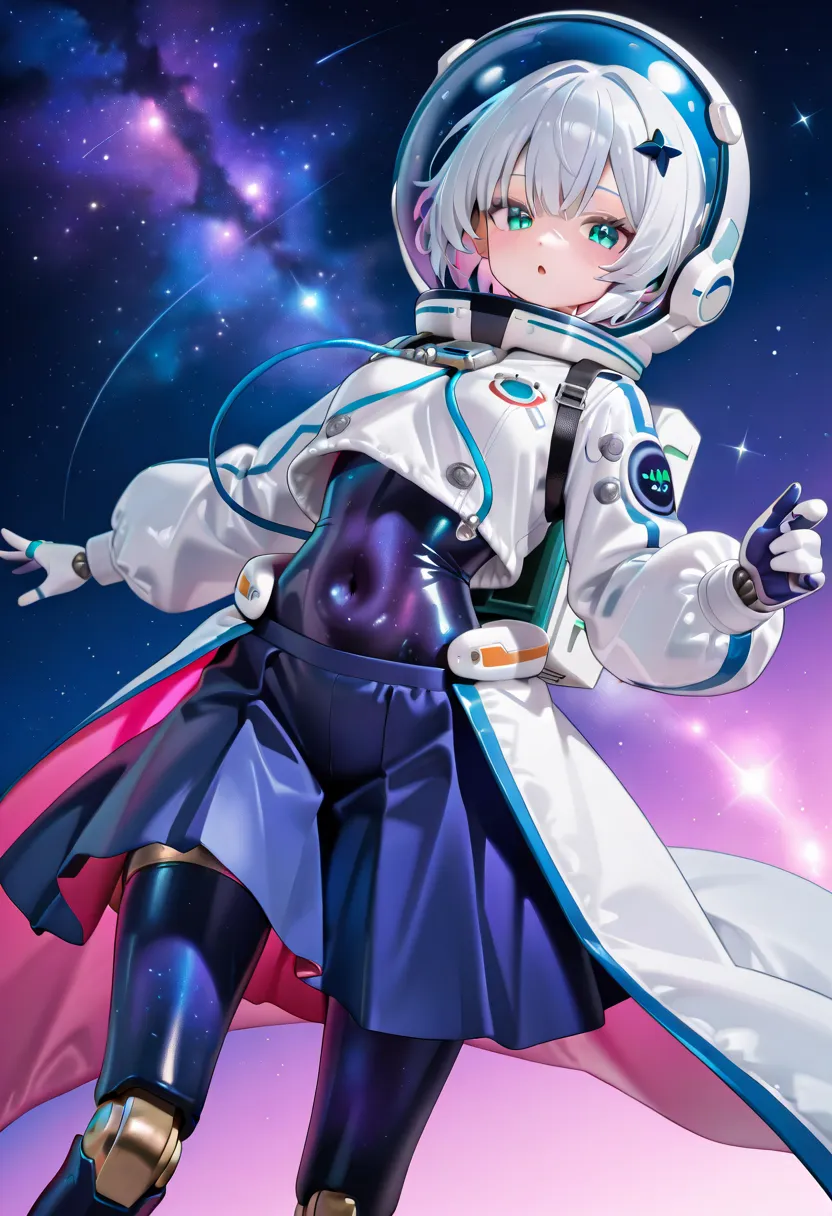 Robot Girl。Space Suit。Space Suitの被り物。 Cosmic Space。A skirt that imitates the solar system。leggings。ring。machine body。Machine Arm 。short hair。helmet。Long Skirt。Mechanical joints