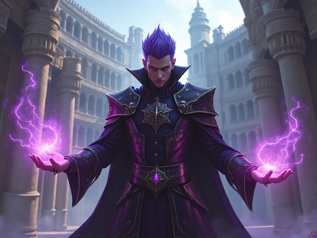 Villain man with short purple hair in the center of a large colosseum filled with magic in his hands full body image in the realist medieval style 