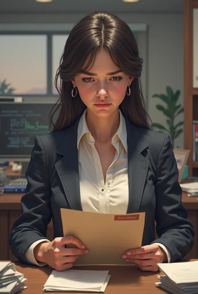 You have a girl who is opening an envelope while frowning and is in an office 