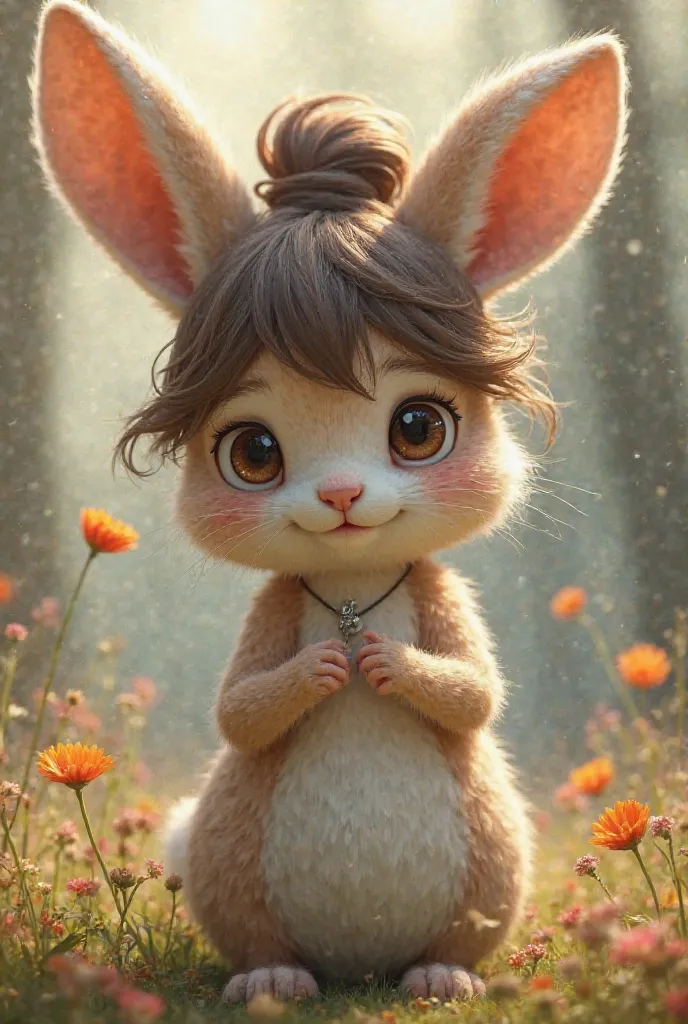 Girl bunny furry with brunette hair in a bun and brown eyes