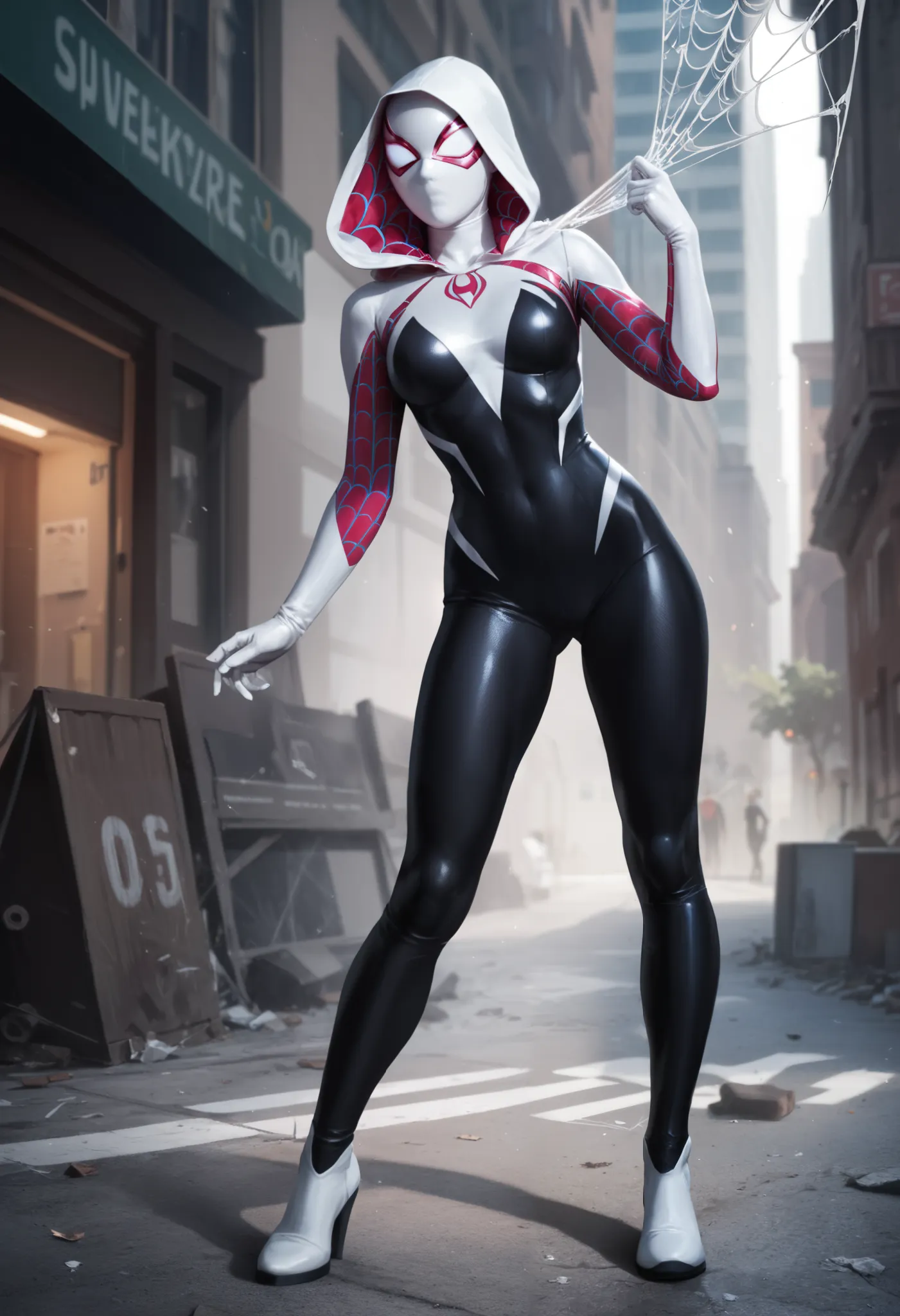 score_9, score_8_up, score_7_up, score_6_up, BREAK, GwenStacySVXL, mask, white eyes, medium breasts, superheroine, spider web print, hooded bodysuit, white bodysuit, black bodysuit, multicolored clothing, white elbow gloves, solo, heroic pose, full body, t...