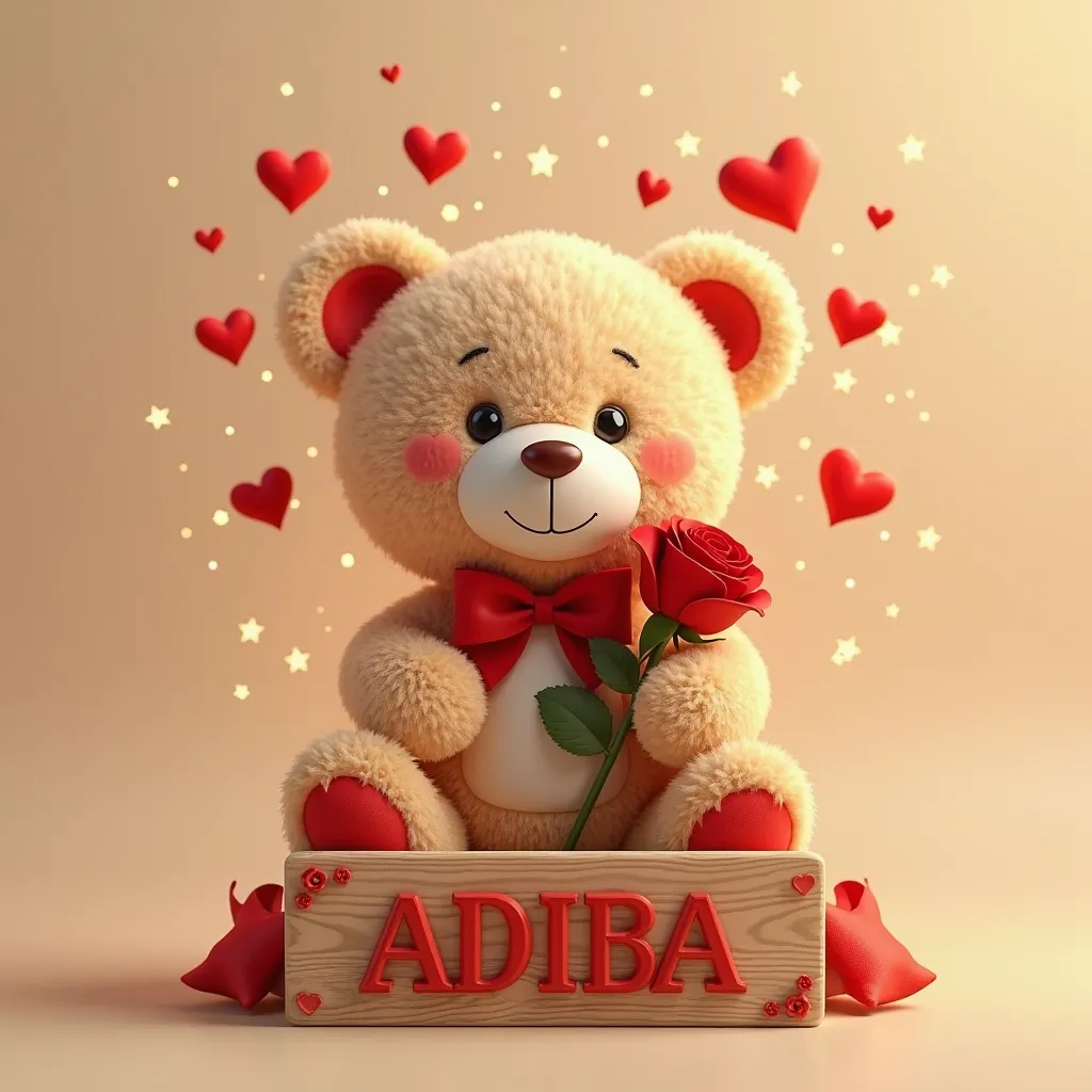 A cute teddy bear holding a red rose. The teddy bear is adorned with a red bow. The background is a warm beige color with floating red hearts and sparkling elements. At the bottom, there's a wooden plaque with the 3d word 'ADIBA' inscribed on it. The teddy...