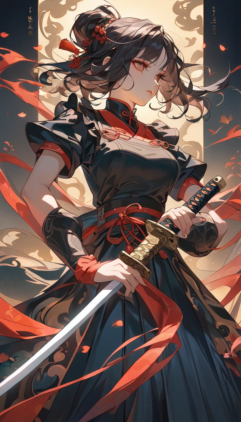 Picture of a woman holding a sword , Maid, artwork in the style of Gwaiz, Gwaiz, Chen Yifei , Katana, Gwaiz masterpiece, Jan J, she is holding a Katana sword, rossdraws sakimimichan, Lost draw 1. 0, Japanese painting style