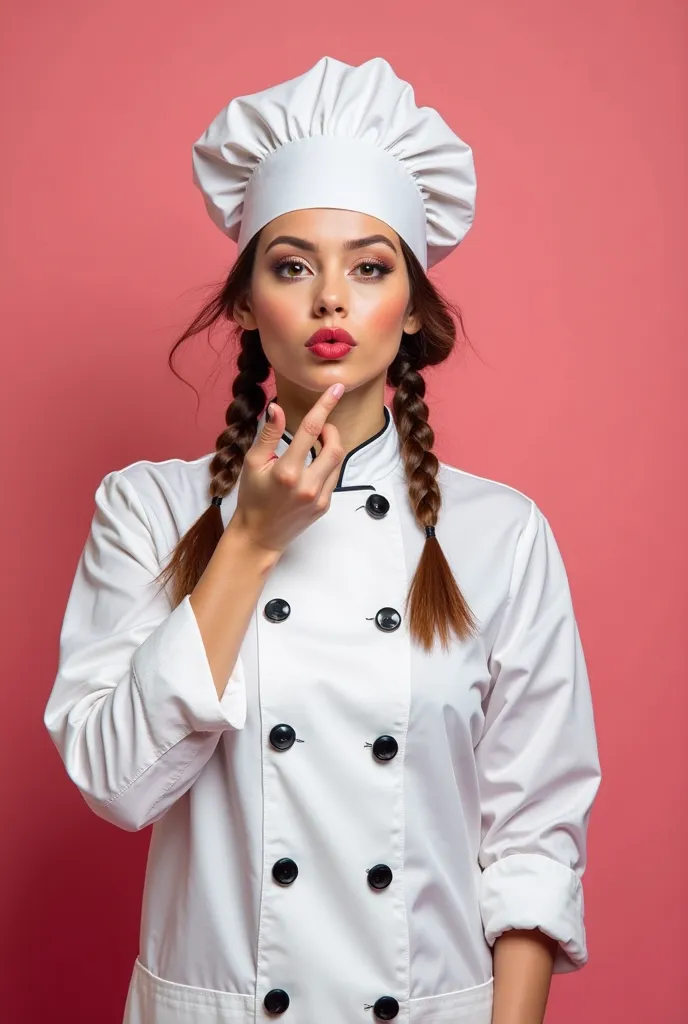 Full-length photo of a playful female chef with hair in two braids, wearing a white chef's hat and a white double-breasted coat with black buttons. She purses her lips as if blowing a kiss and makes an Italian gesture with her hands. The background is a so...