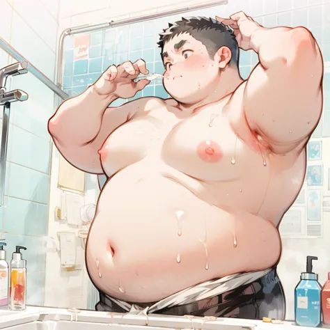 Shirtless obese man in a bathroom, wet, lubricated, big fat belly, soft obese, wet, belly with stretch marks on his sides and down, shy but serious face, large, fat-inflated breast,  fat breast, chest full of fat that sticks out, looking at the spectator s...