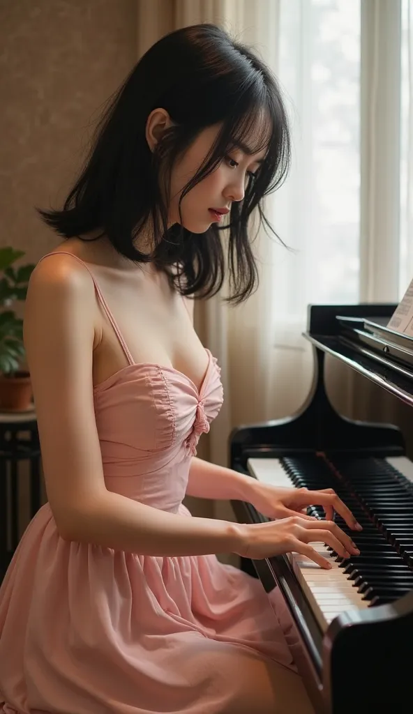 classical sheet music piano class grand piano piano chair pianist beautiful hands and fingers 
Japanese style, elegant, black hair, semi-long, beautiful big bust, slender, about 30 years old, good growing up, healing, E-cup, beautiful, big breasts, feminin...