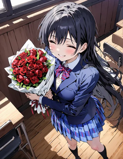 score_9, score_8_up, score_7_up, source_anime, Sonoda Umi , Alone,long hair, bungs, Between the eyebrows, Green Hair,long straight hair, school uniform, jacket, blazer from above the bar,Skirt, black high socks, Winter uniform, otonokizaka school unifor...