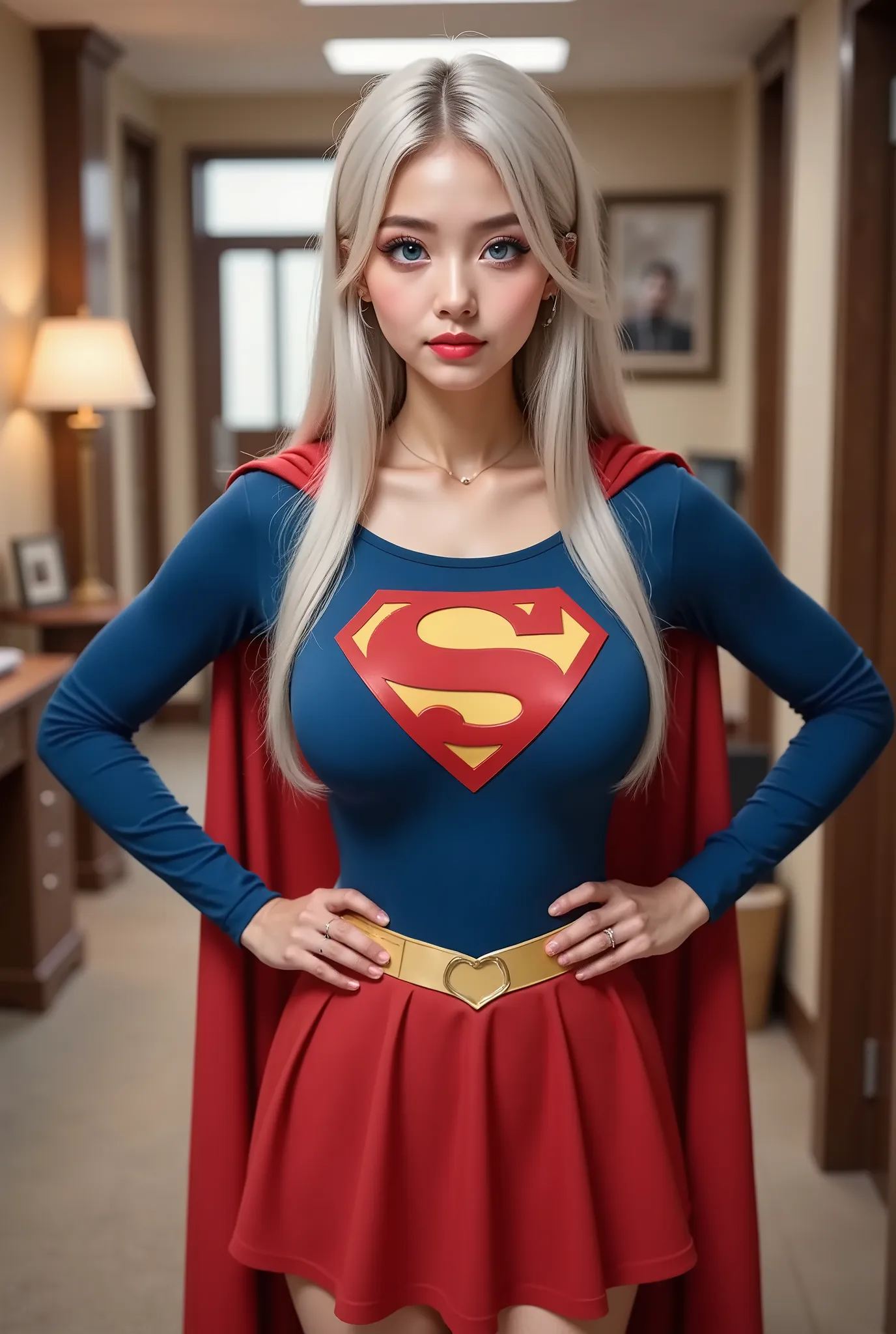 (top down pov)"A highly detailed, photorealistic portrait of an 18-year-old Asian girl sitting confidently in her office. She is wearing a 1980 Supergirl costume, red pleated skirt, boots with the iconic red cape flowing behind her. Her long white hair cas...