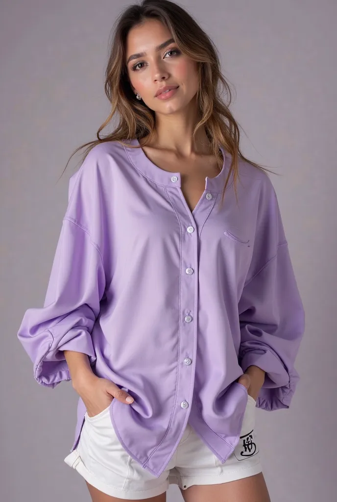 create a photo of an oversized blouse for a dance group. light lilac color with a basketball blouse style, But if there are sleeves. it may have the name of the person underneath, on the back, And on the front , glam.
BASKETBALL TEAM BLOUSE STYLE 