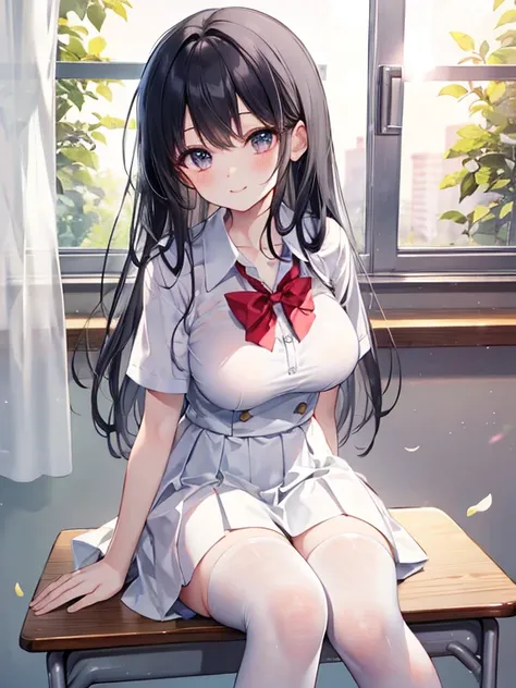  Best picture quality，Soft Sunlight，a cute and beautiful ，Sweet smile， sitting in the classroom，long black hair，Wearing school uniforms and white stockings，Thin eyelashes ， Big Breasts 。