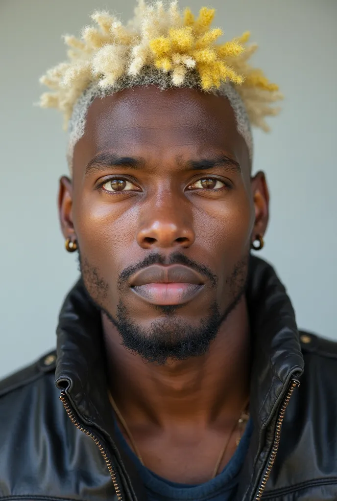 Portrait of Teju, solo, male in his Mid-forties, (youthful adult:1.2), male focus, looking at viewer, spiked hair, short hair, two-tone hair, white hair, yellow hair, ear piercing, yellow eyes, Soul Card, jacket, shoulder leather, simple background, bearde...