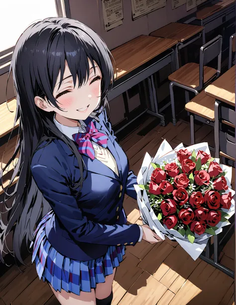 score_9, score_8_up, score_7_up,  source_anime,  Sonoda Umi  , Alone,long hair, bungs, Between the eyebrows, Green Hair,long straight hair, school uniform, jacket, blazer from above the bar,Skirt, black high socks, Winter uniform, otonokizaka school unifor...