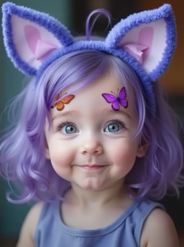 A cute baby with light purple hair, styled in soft waves, wearing fluffy purple cat ears with shocking pink inner fur. The baby has big, bright blue eyes and a sweet, gentle smile. Two colorful butterflies, one orange and one purple, rest delicately on the...