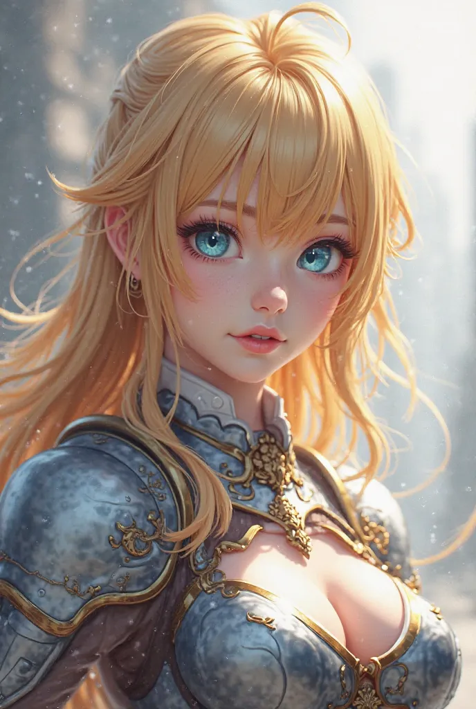 blonde girl with armor, blue eyes and white skin collar. Portrait of a character inspired by Li Chevalier. trend in artstation. Fantastic Art. Realistic 3D anime . hyperdetailed fantasy character. Foreground character. Very detailed anime. photorealistic a...