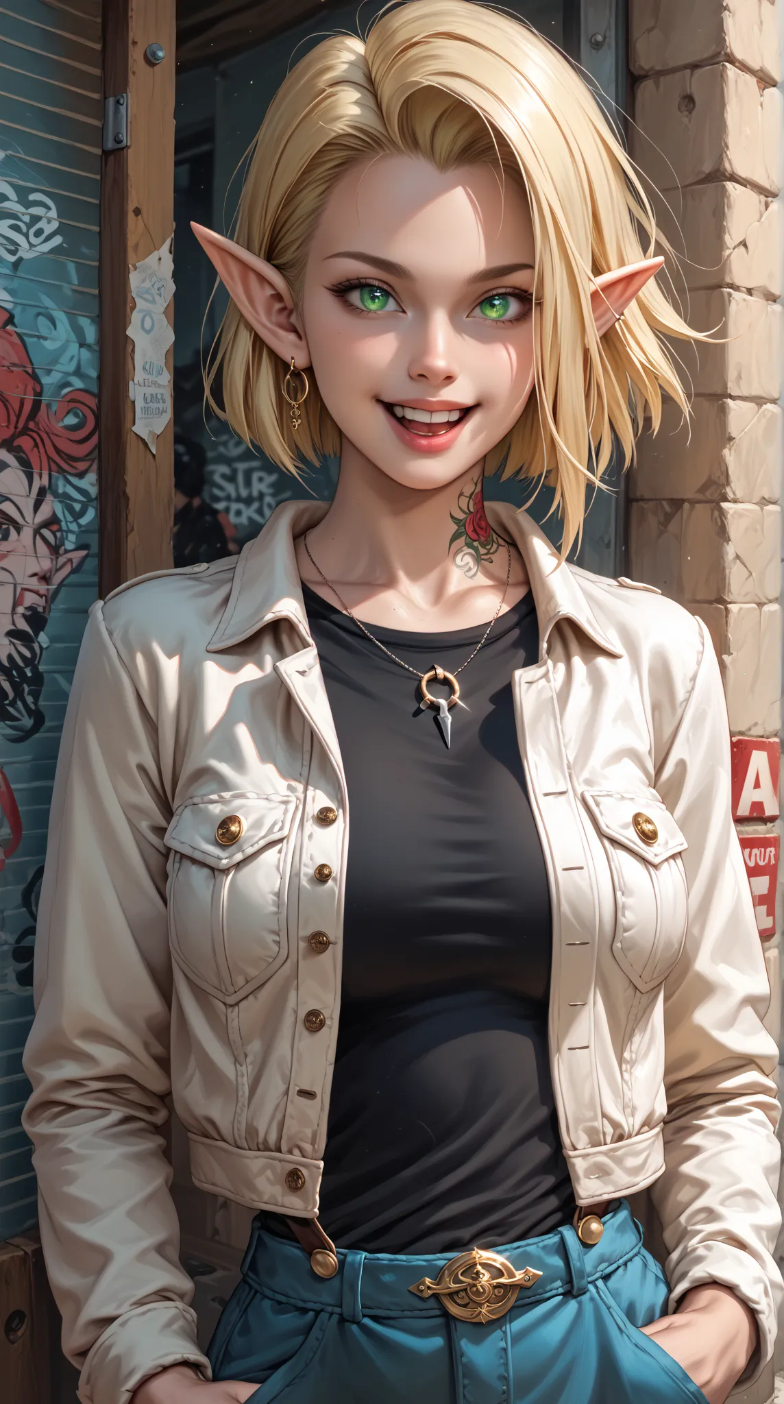 Premium Female Portrait,high quality,ultra-high definition,4K,Realistic,major,finely drawn,Blond Elf,Stunning,Hook the soul's eyes, green pupil,Slim Fit,Street Style ,Black Short Hair,Neck Tattoo,Hands in pockets,laughing out loud,Busty Street Scene,Exquis...