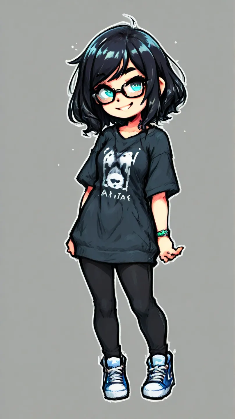 Japanese female. Short, curly black hair. Wears glasses. Medium build. Deformed character. Cute. Full-body portrait facing forward. Dressed in simple casual fashion, a long shirt and long bottoms. Wears sneakers. Wears a ring on her left ring finger. Smili...