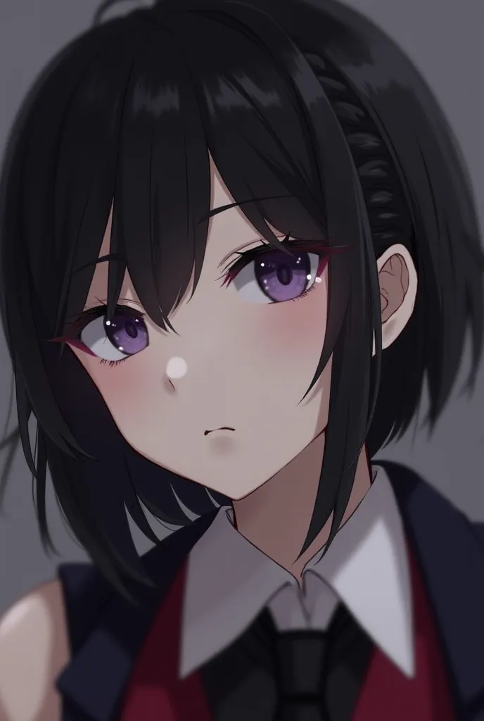 1girl, a beautiful woman, short black hair small lock of hair passing through her forehead, leaving a little space on the sides of the forehead, purple eyes, slightly long eyelashes, black blouse, a dark blue jacket on top, a red scarf