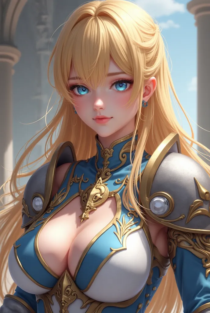 blonde girl with armor, blue eyes and white skin collar. Portrait of a character inspired by Li Chevalier. trend in artstation. Fantastic Art. Realistic 3D anime . Fantasy character . Foreground character. Very detailed anime. photorealistic anime girl ren...