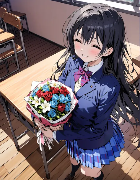 score_9, score_8_up, score_7_up,  source_anime,  Sonoda Umi  , Alone,long hair, bungs, Between the eyebrows, Green Hair,long straight hair, school uniform, jacket, blazer from above the bar,Skirt, black high socks, Winter uniform, otonokizaka school unifor...