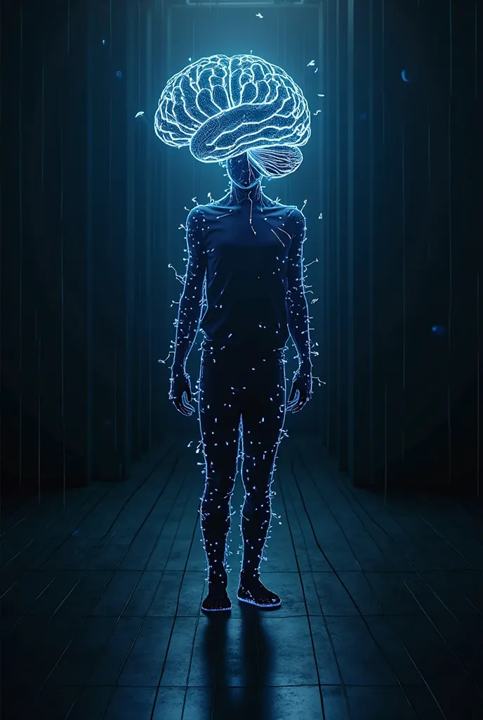 Metallic black background, and a silhouette figure of blue lines formed by electrical cables on the shape of a brain 