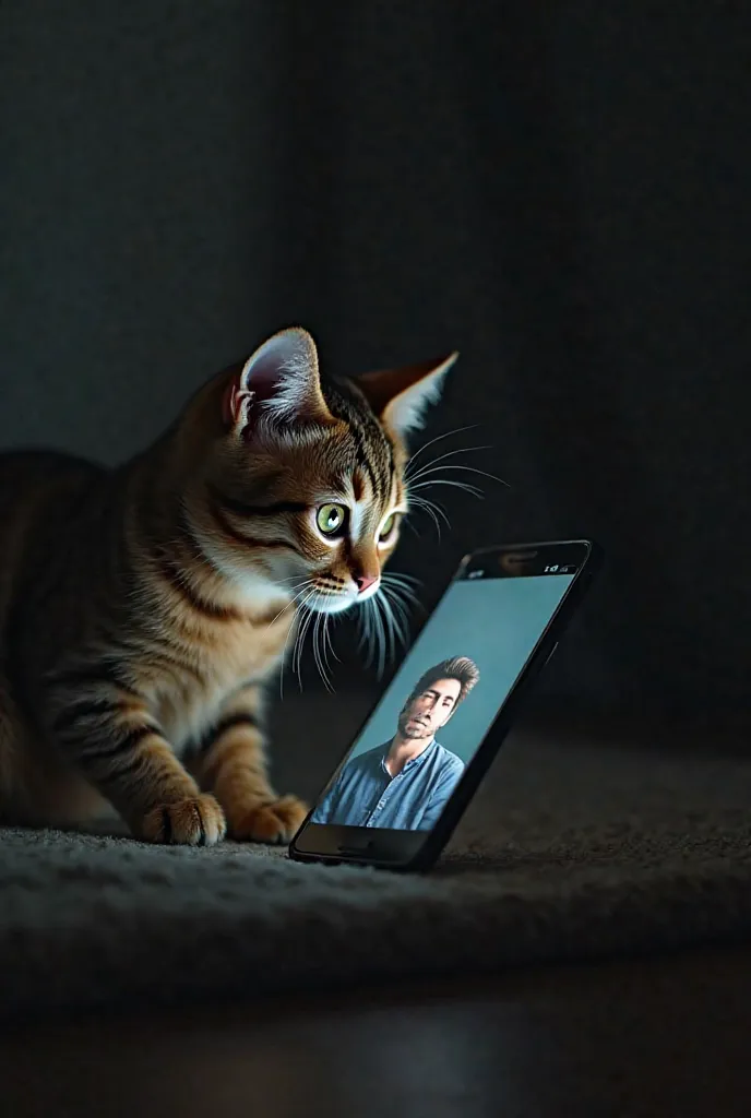 An ultra hd 8k resolution A sad yet cute cat sits alone in a dimly lit, cozy room. The cat has teary eyes and looks longingly at an Android phone screen, which displays a wallpaper of Imran Khan. Slowly, the cat moves closer to the phone, gently pressing i...