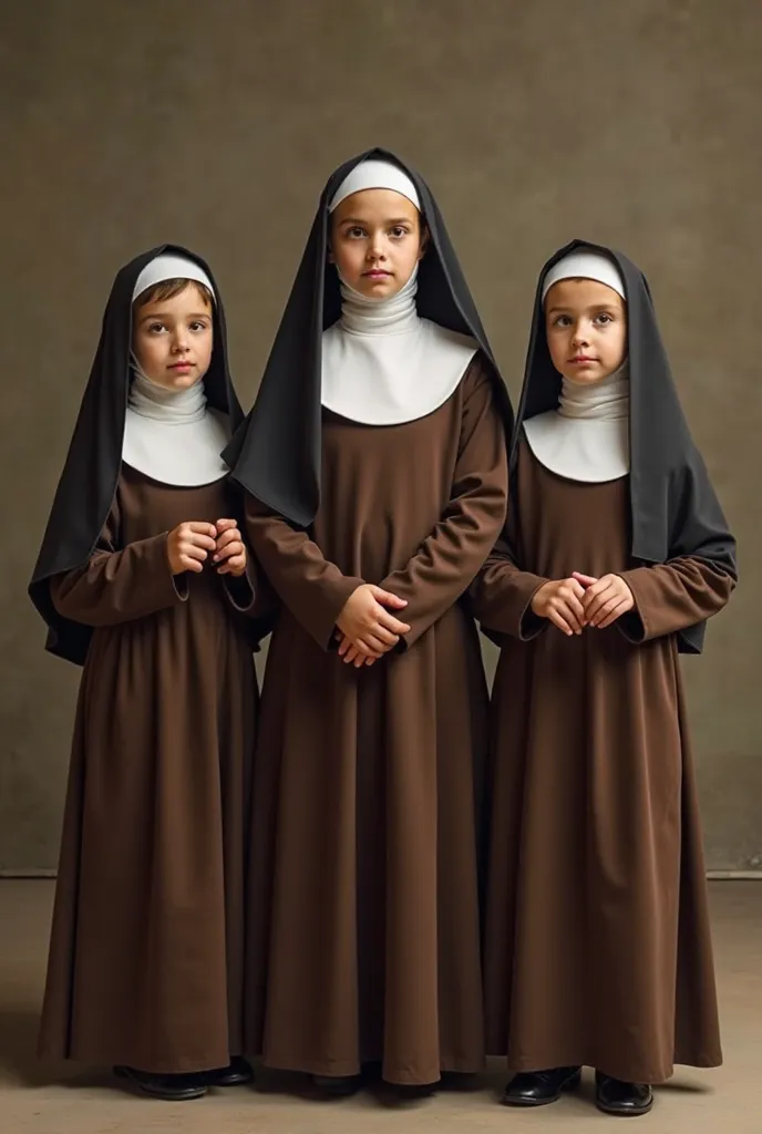 three little nuns in brown dresses standing side by side, a portrait by Jesús Mari Lazkano, instagram, quito school , Jayson Tatum as Mother Mary, taken in 2 0 2 0  ,  Incredibly beautiful , photo taken in 2 0 2 0  , your morning, taken in the early 2020s,...