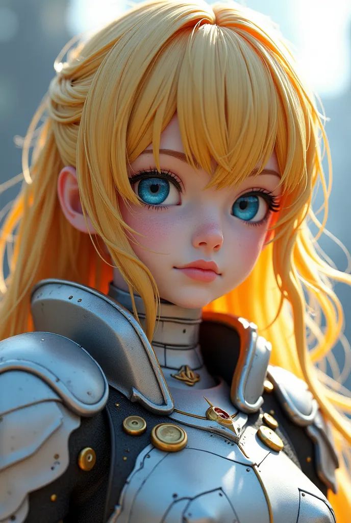 blonde girl with armor, blue eyes and white skin collar. trend in artstation. Fantastic Art. Realistic 3D anime . hyperdetailed fantasy character. Foreground character. Very detailed anime. photorealistic anime girl rendering.  very detailed character . Re...