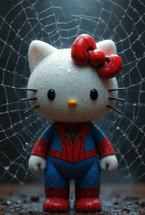 Hello Kitty in a Spider-Man costume covered in a cobweb 