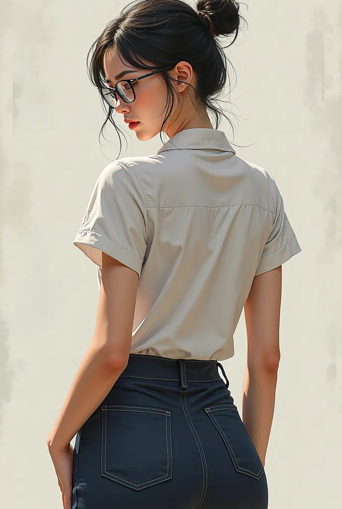 Chinese high school girl, thin,  tall , glasses, hair in bun, tight uniform shirt with open chest, tight pants,  round breast ,  big ass