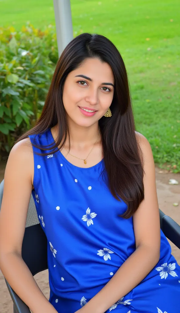 A malayali house wife, in blue satin sleeveless frock and white dotted spots in frock , ethnic saree fashion photo shoot, long hair in front , wearing beautiful earring and gold chain in neck, sitting pose in chair, looking at camera, garden as back ground...