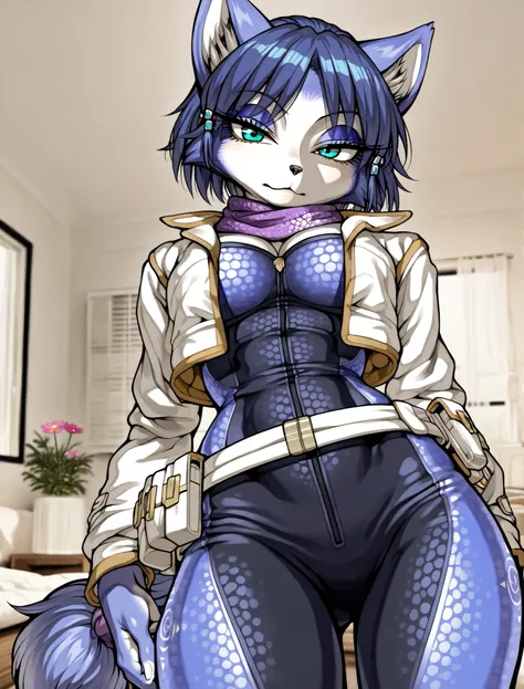 ((Krystal)), ((masterpiece)), ((high resolution)), ((solo portrait)) {(attractive figure), (toned body), (slim waist), (hip dips), (blue fur), (black nose), (pointed fox ears), (blue hair), (hair accessories), (turquoise eyes), (lidded eyes), (indigo eyesh...