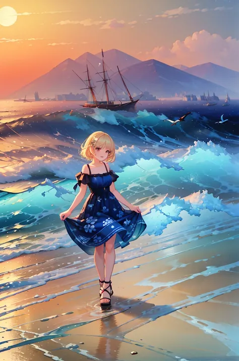 (8k, Ultra High Quality, masterpiece), (details), One Woman, cute, small breasts, blonde, Navy Blue Dress, Floral,  sandals on the skin, Hawaiian Dress, full body, soaking,  like a , best smile, sea, sea水浴, Water Drop, their breasts are submerged in water,...