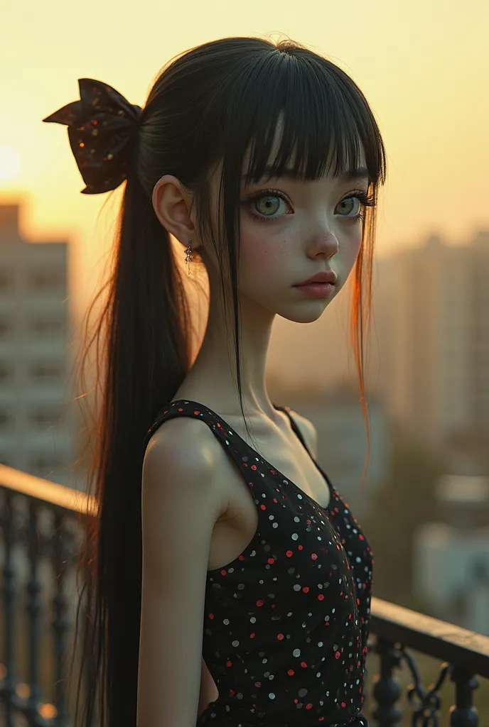 thin debtace. disgusting girl. Thin neck.  unbalanced, big eyes, pale skin,  gray eyes, long black hair, straight ponytail, big bow. black long and thick eyelashes. dark brown multicolor dot dress calm color. on the balcony. sunlight. dadaism style, surrea...