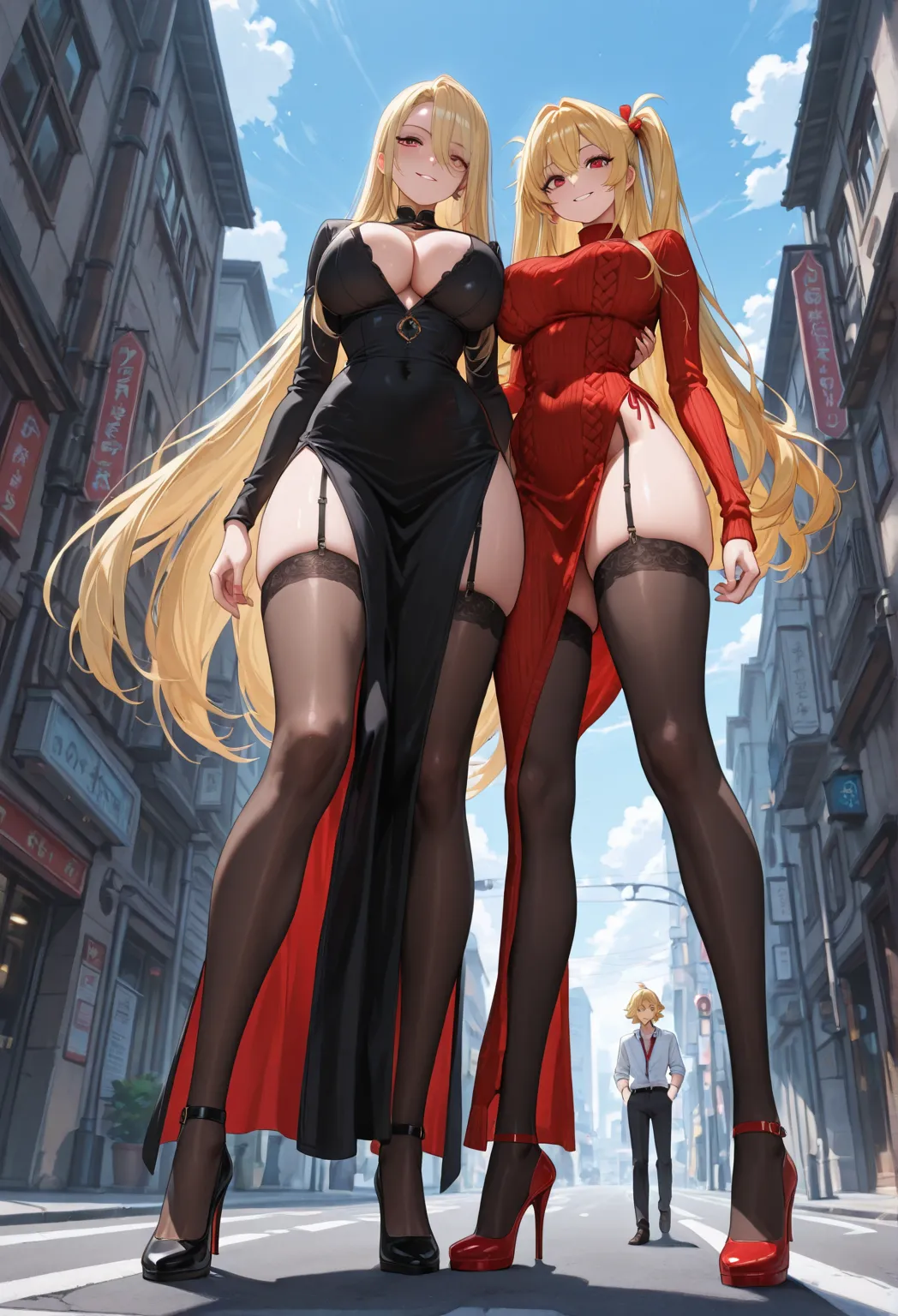 Femdom, street, Chest slit knit, Very Big Breasts, very long legs, toe, low angle, blond hair, Pigtail hair, long hair, black stockings,  high heels , in the sky, Two women looking straight ahead, The appearance of ignoring and smiling