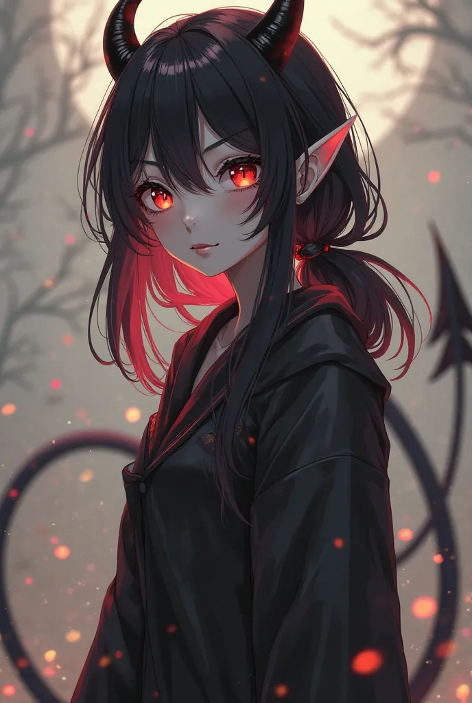 Anime-style demon girl with ashen gray skin and glowing crimson eyes. Small curved black horns above her temples, a thin whip-like tail, and slightly sharpened nails. Midnight black hair with a faint crimson sheen, falling past her shoulders in loose waves...