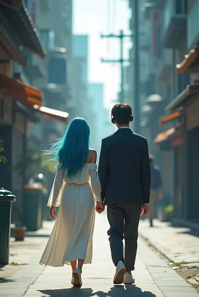 The image must feature a woman with blue hair, wearing flowing clothes, and a young man wearing black,  wearing headphones. They are walking down the street 