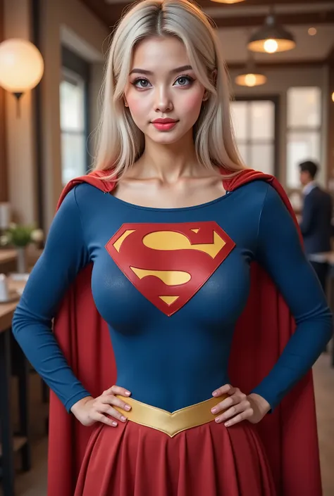 (top down pov)"A highly detailed, photorealistic portrait of an 18-year-old Asian girl STANDING confidently in her office. She is wearing a 1980 Supergirl costume, YELLOW SUPERGIRL BELT, red pleated skirt, boots with the iconic red cape flowing behind her....