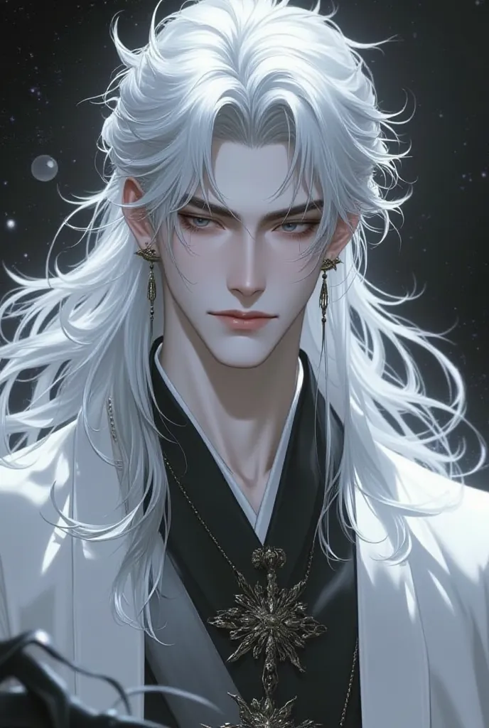 Create a 30 year old male cultivator with a long ponytail, white hair,  wearing white traditional Chinese clothing with black accents. He is a formation cultivator so there is a black formation below him creating circular patterns and he is in a great sect...