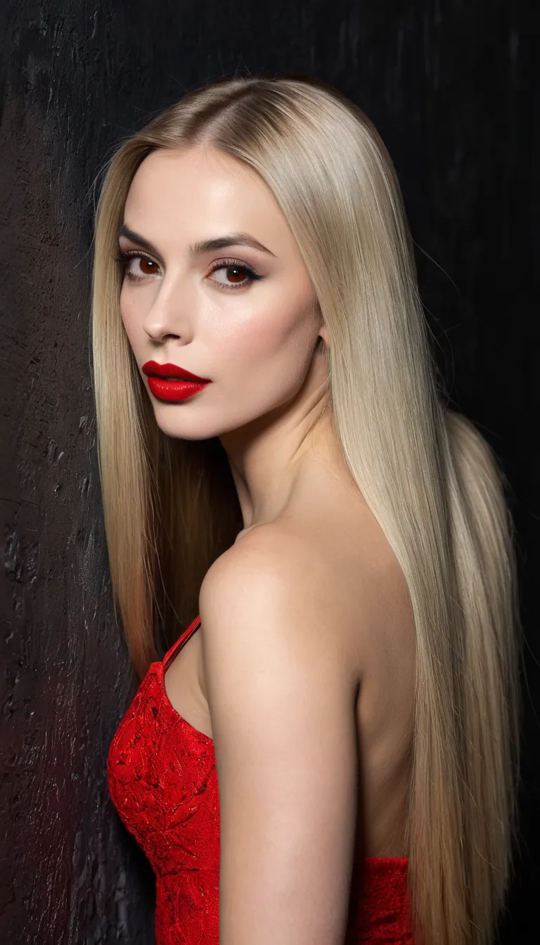 A woman with extremely fair skin, almost albina ,  with long straight blond hair . She wears strong red lipstick on her thick lips and looks directly at the camera with a striking look. Her deep brown eyes transmit intensity. The woman is leaning against a...