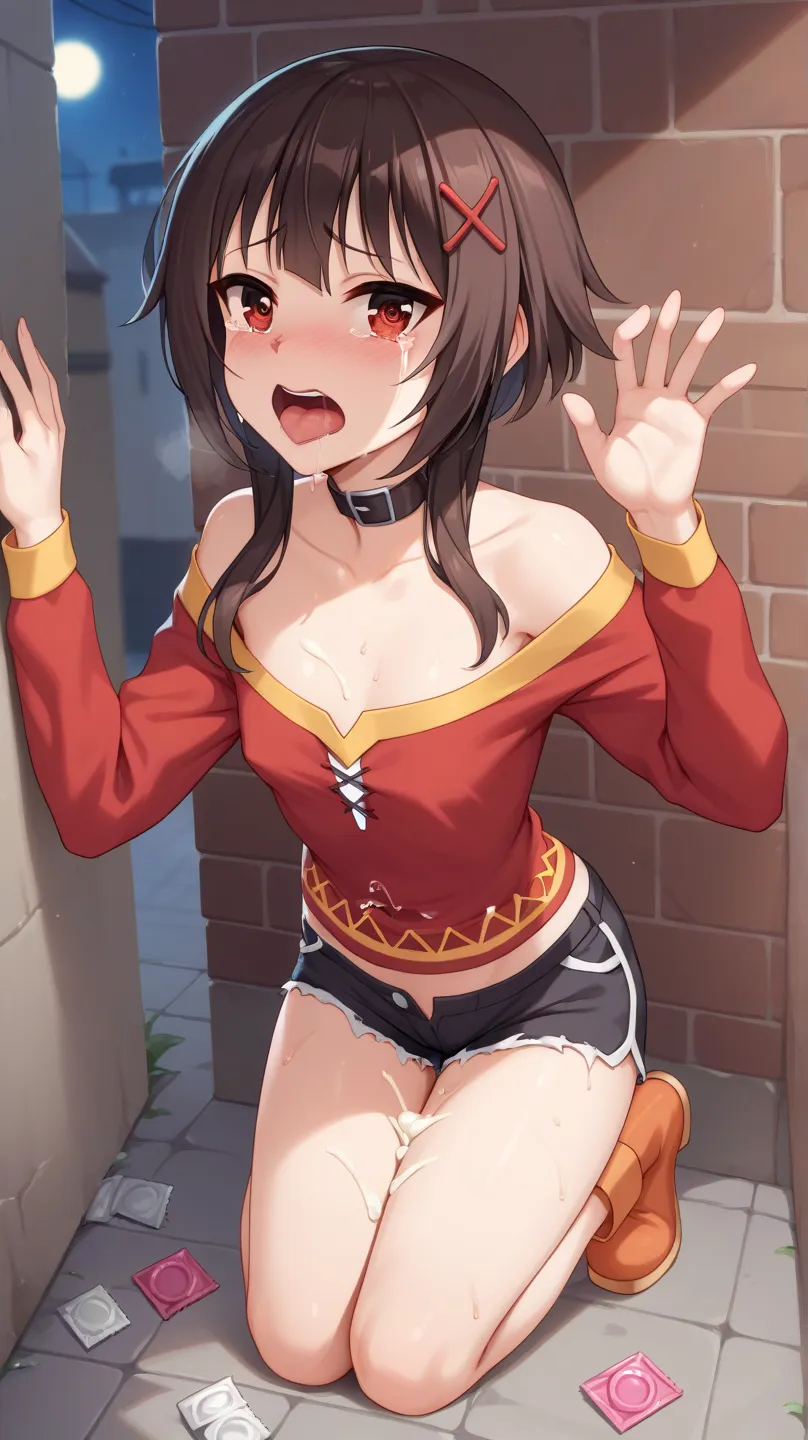 Character MEGUMIN konosuba, her characteristics, She is kneeling against a wall, frightened face, she is crying, she is scared, her body is covered in cream dripping heavily. Her gaze is directed at the viewer, she is wearing a black lace shirt and transpa...