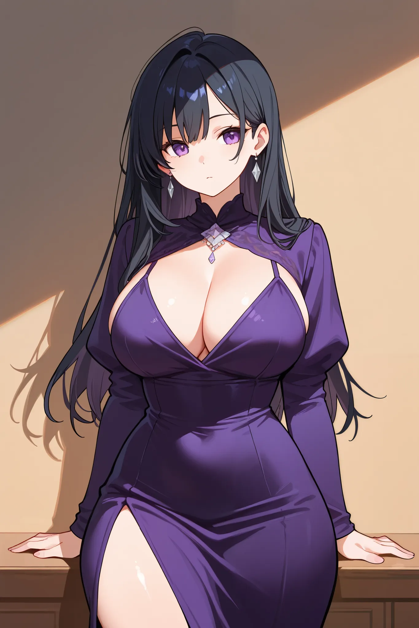 1 girl, Hair length reaches the back, Black hair with some purple on the edges., purple eyes, but not bright, curvy body, wear a sexy violet dress outfit, หน้าอกไซส์ปานกลาง, have a grey earrings