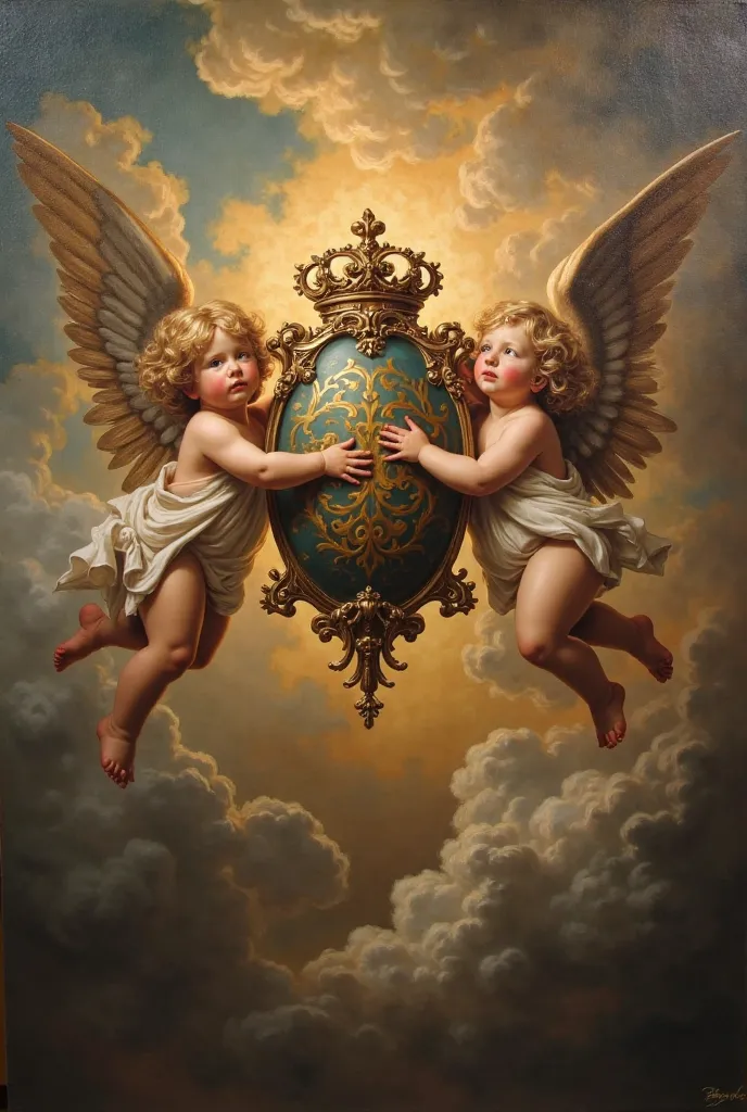 Two flying cherubs holding coat of arms baroque oil painting