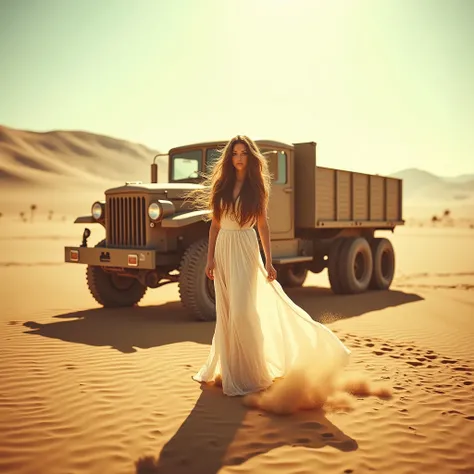 Cinematic photography, eye-level view of a vast desert with towering sand dunes, tire tracks carved into the golden sand. An old, rugged military truck stands still, its metal frame slightly covered in dust. The sky is hazy with a warm, sepia-toned glow, ...